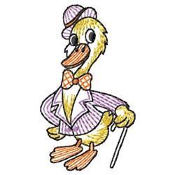 Cartoon duck in a purple-striped suit, matching hat, and orange bow tie, playfully holding a cane.