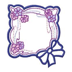 Decorative frame with scalloped edge featuring purple flowers, blue bow detail, whimsical and colorful design.