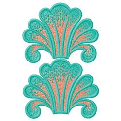 Decorative shell design featuring vibrant turquoise and coral embroidery with intricate textural patterns.