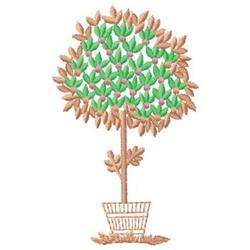 Whimsical decorative tree with green leaves and pink flower buds, all set in a charming basket pot.