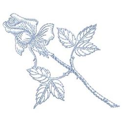 Delicate rose in detailed linework with finely crafted petals, slender stem, and elegant leaves.