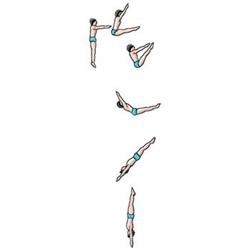 Six divers in cartoonish style with turquoise swimming trunks in dynamic diving poses, ideal for embroidery.