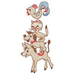 Applique dog, cat, and rooster stacked playfully with warm colors and cartoonish details for a cheerful vibe.