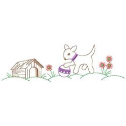 Playful dog carrying a decorated Easter egg beside a simple doghouse and vibrant flowers, with a whimsical feel.