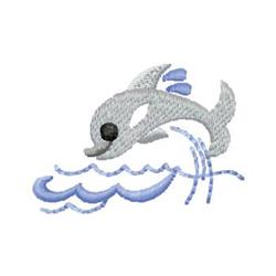 Playful dolphin leaping from vibrant blue waves, featuring gray and blue accents, perfect for marine-themed decor.