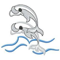 Playful dolphins leaping above light blue waves in vibrant gray tones. Perfect for marine-themed decor.