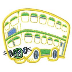 Playful double-decker bus in bright yellow and green with a smiling face and blue accents, perfect for kids.