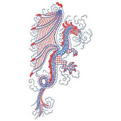 Vibrant dragon in red and blue hues with mesh-like patterns, soaring amidst white clouds, perfect for fantasy decor.