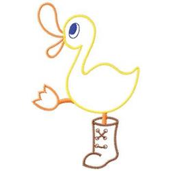 Playful yellow duck standing on one leg in a brown boot with orange details and a blue eye, cheerful and cartoonish.