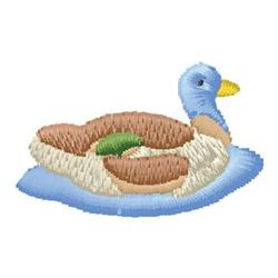 Whimsical duck with a light blue head, floating on a brown and white buoy in cheerful water.