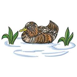 Realistic duck floating on calm water, surrounded by lush plants, in a serene natural setting.