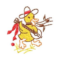 Playful yellow duck with a red hat and straw, set against lush green grass in a whimsical spring scene.