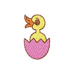 Cheerful yellow duckling with an orange beak peeking from a pink eggshell, playful cartoon style for Easter.