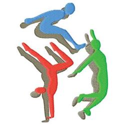 Dynamic human figures in playful poses, featuring blue, red, and green colors against a neutral backdrop.
