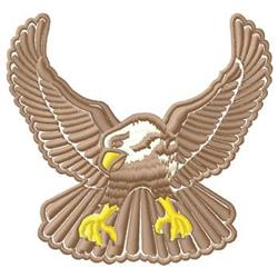 Realistic eagle soaring with wide brown wings, striking yellow claws, and white head details.