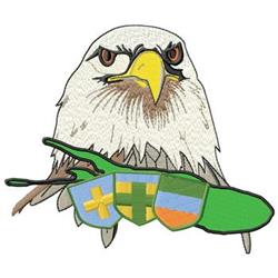 Cartoon eagle with bold outlines clutching a green branch, surrounded by colorful heraldic shields.