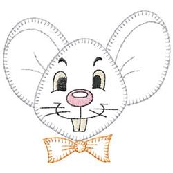 Cartoon white mouse head shaped like an egg, featuring round ears, a pink nose, and an orange bow tie for Easter.