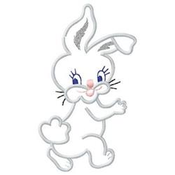 Cartoonish Easter rabbit with white fur, blue eyes, and a pink nose in a playful pose.