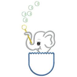 Playful elephant blowing colorful bubbles above a rounded bucket, designed in a whimsical style.