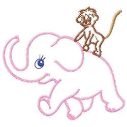 Playful pink elephant with blue eye and lively tan monkey on back, cartoon style for children's items.