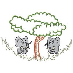 Cartoon elephant beside green tree with large ears and tusks, illustrated in a playful style on grass.