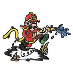 Playful cartoon firefighter monkey in a red uniform with green feet, spraying blue water from a hose.