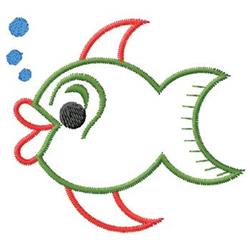 Playful cartoon fish with a green outline and red fins, surrounded by blue bubbles.