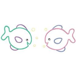 Two cartoon fish, a green one and a pink one, smile at each other with bubbles in a whimsical style, perfect for kids.
