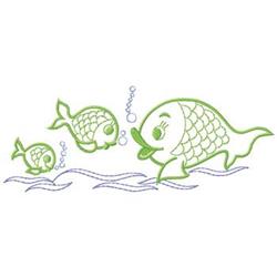 Two playful fish outlined in green swim among bubbles and waves in a whimsical embroidery design.