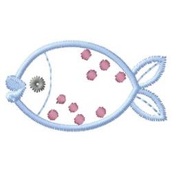 Playful light blue fish with darker outline, pink spots, and silver eye; ideal for children’s embroidery.