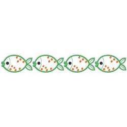 Whimsical fish design with green outlines, orange dots, and black eyes, perfect for children's items.
