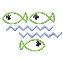 Whimsical fish with green and black patterns swimming among blue waves, playful and cartoon-like.