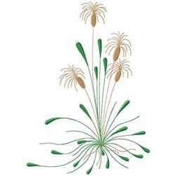 Floral elements feature stylized tan flowers atop slender green stems, creating a whimsical, airy embroidery.