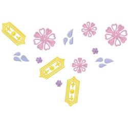 Whimsical floral elements in pastel pink, purple, and yellow featuring playful flowers and petals.