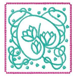 Modern floral design featuring teal leaves and flowers, accented by a pink border and swirling lines.