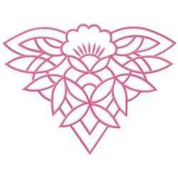 Floral design with a central flower and symmetrical leaves, featuring elegant pink outlines and geometric shapes.