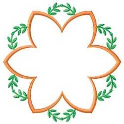 Flower-shaped frame with orange outline and green leaves, designed for embroidery projects with an inviting style.
