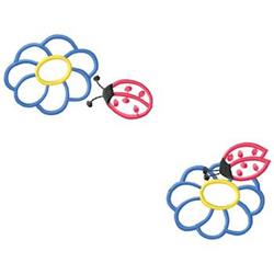 Playful flower with blue and yellow petals and a red ladybug, perfect for kids' projects.