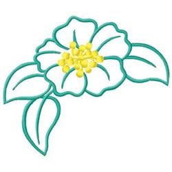 Stylized flower with bright yellow petals and green leaves, outlined in blue. Simple spring design.