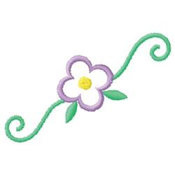Whimsical flower with a purple outline, white center, and yellow stamen, surrounded by green swirls, perfect for spring.
