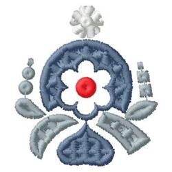 Modern flower with a vibrant red center, blue petals, elegant grey leaves, and playful dot embellishments.