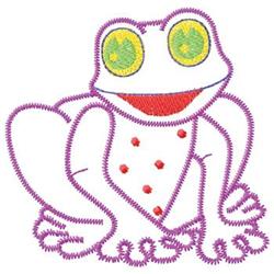 Playful frog with large yellow-green eyes, red mouth, and a white belly with red dots in cartoon style.