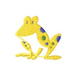 Playful frog in bright yellow with blue spots and green accents, cheerfully sitting with hands on its cheeks.