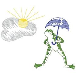 Cheerful frog holding an umbrella with a bright sun and fluffy cloud in a playful cartoon style.