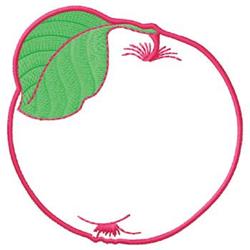 Playful round fruit resembling a peach with a green leaf, outlined in bright pink, minimalist style.
