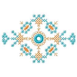 Cross stitch geometric design features a central blue circle, vibrant orange arrows, and turquoise flowers.