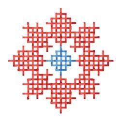 Cross stitch geometric pattern with a central blue element and red star shapes, creating a colorful design.