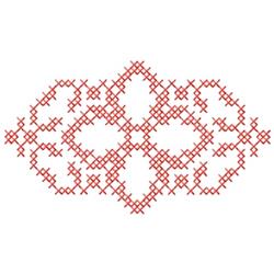 Redwork ornamental pattern featuring a geometric, symmetrical design with red stitches and interwoven shapes.