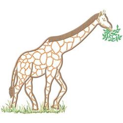Playful giraffe in light beige with brown spots, munching on vibrant green leaves, standing on bright grass.