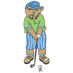 Cheerful cartoon bear in green shirt and blue shorts, swinging a golf club with a golf ball, playful and colorful.